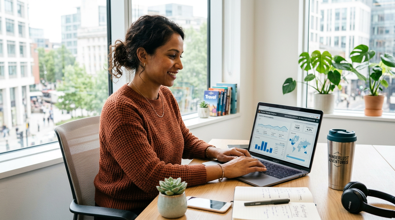 Especialista SEO analizando resultados de turismo en portátil