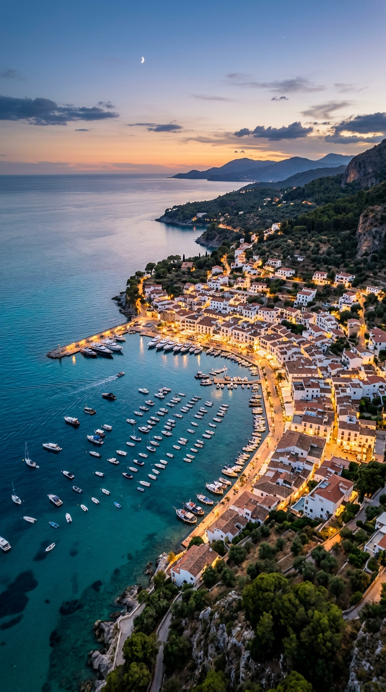 Vista aérea de pueblo costero mediterráneo