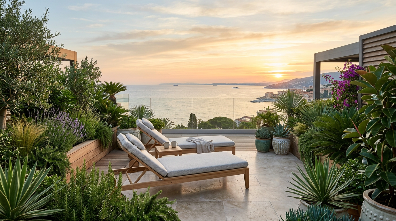 Terraza de hotel boutique con vistas al mar al amanecer